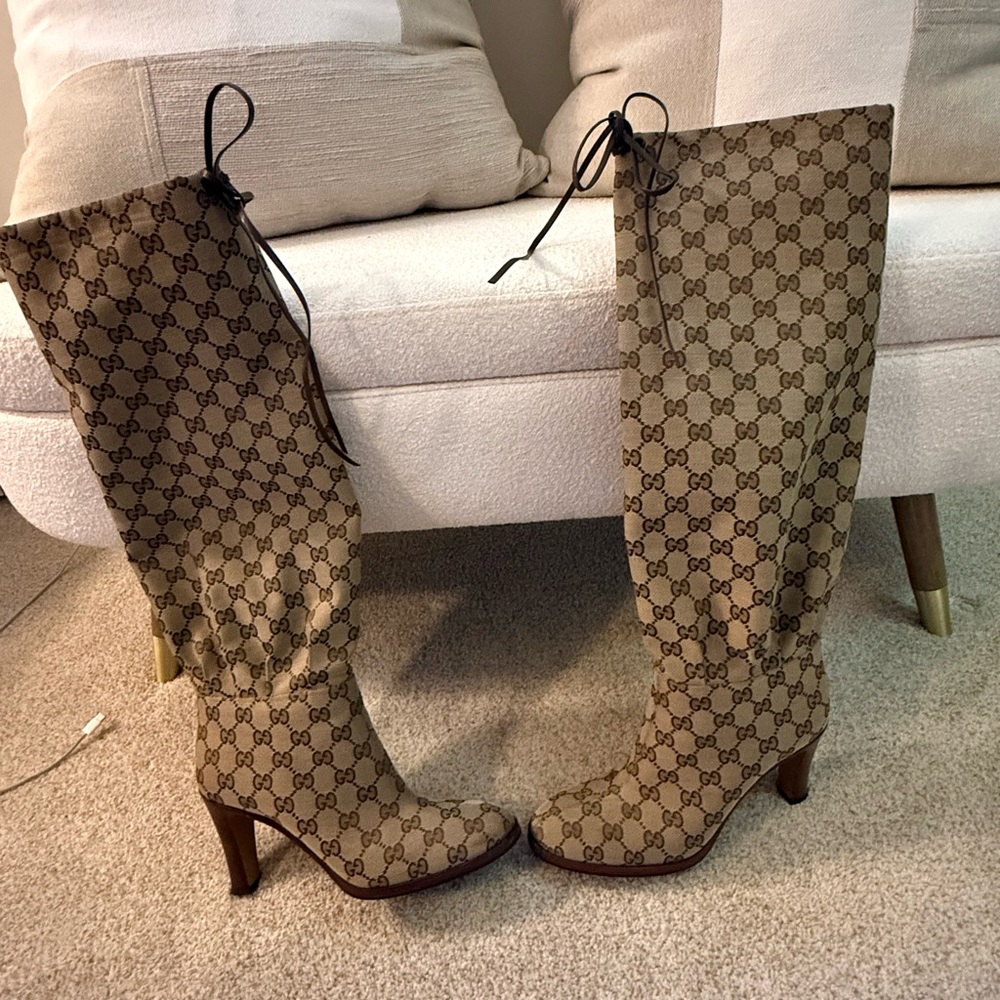 Gucci Monogram Tan Heeled Boots
